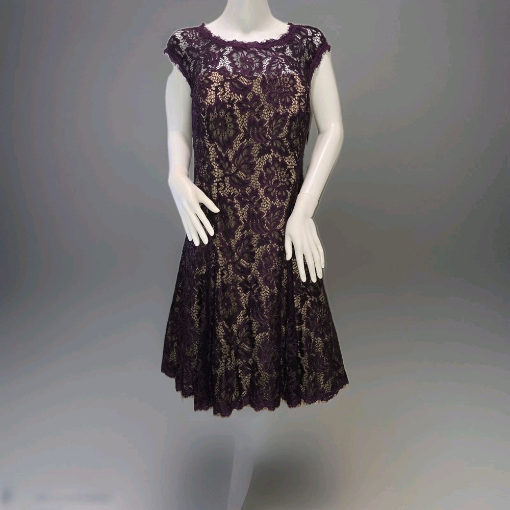 Betsy & Adam Purple Floral Lace Cocktail Dress 16W Cap Sleeve Fit Flare A17499W
